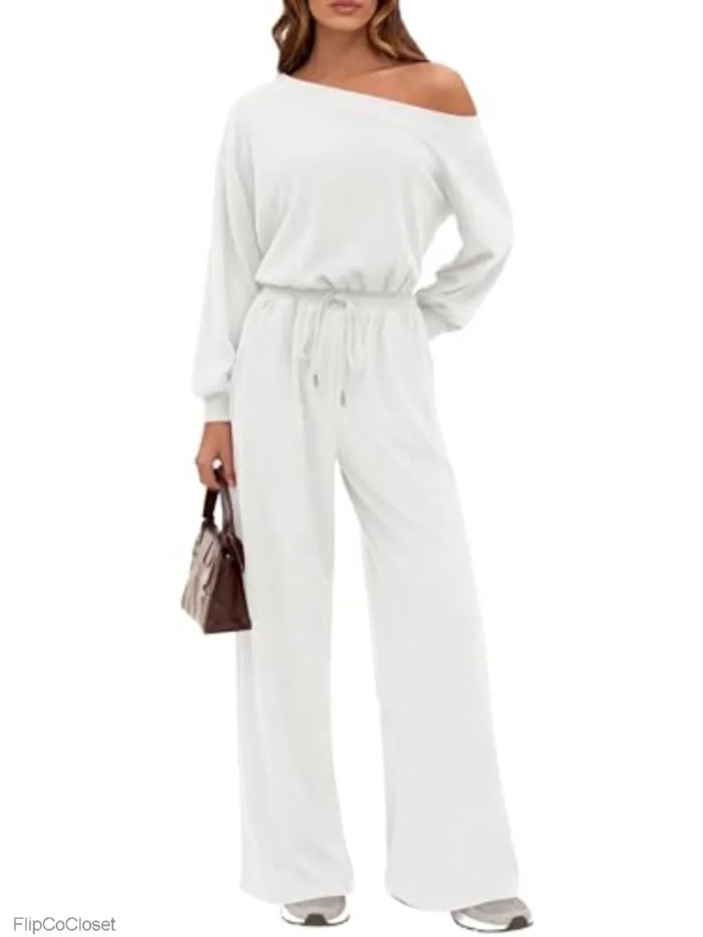 Off Shoulder Long Sleeve Jumpsuit with Pockets - 94% Polyester 6% Elastane